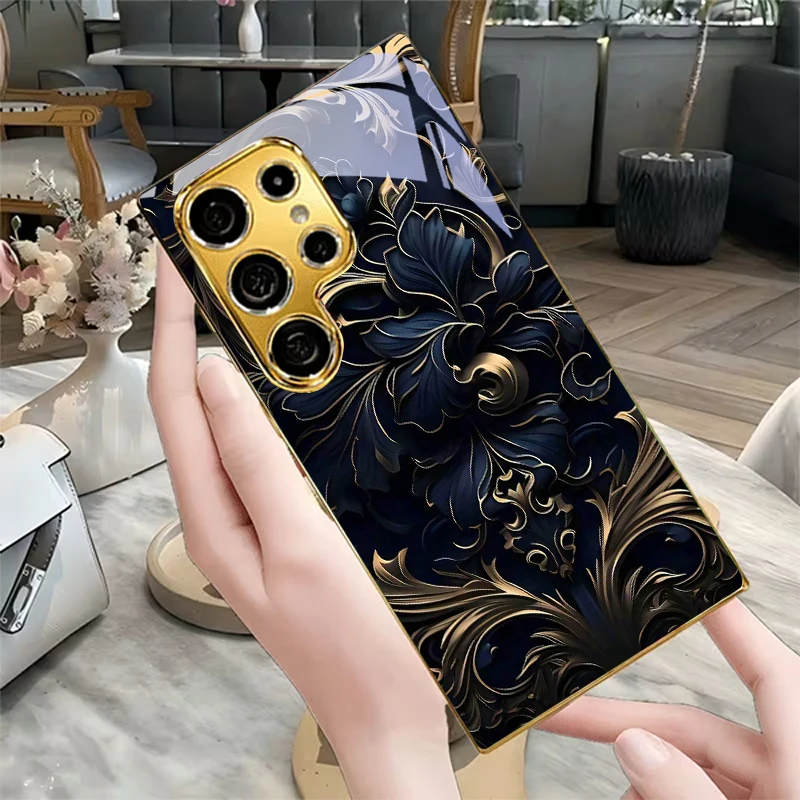 Dark Blue Golden Ornate Electroplated Golden Phone Case For Samsung S24 Ultra S21 S20 FE S23 Plus S22 S25 S26 Note 10 20+ Cover