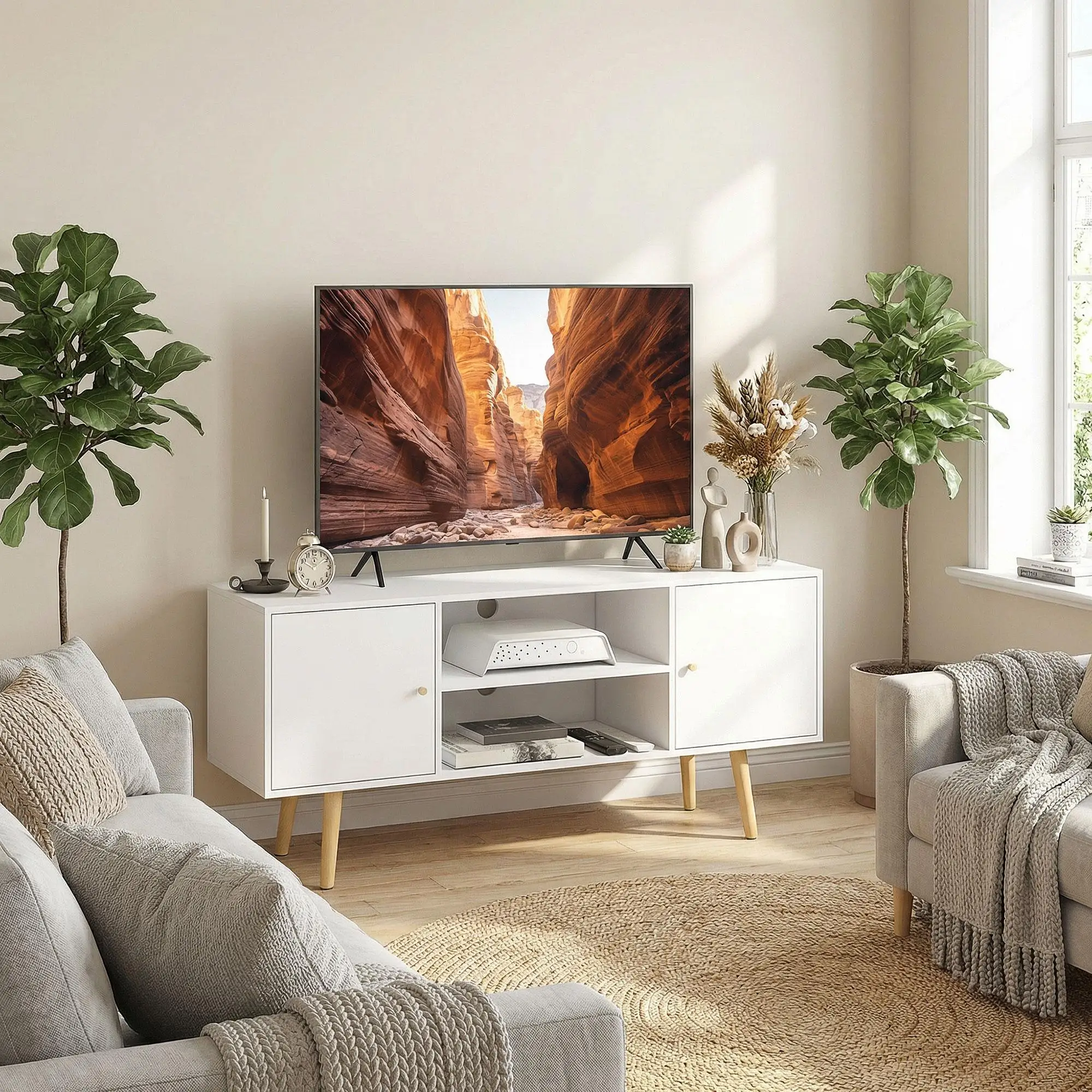 HOMCOM Mueble para TV de hasta 55 pulgadas, 2 estantes abiertos y 2 armarios Blanco 120x34x50cm