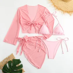 Damskie różowe zestawy bikini z mikro mini stringami 4-częściowe z siateczkową osłoną i spódnicą strój kąpielowy kostium kąpielowy stroje plażowe biquini