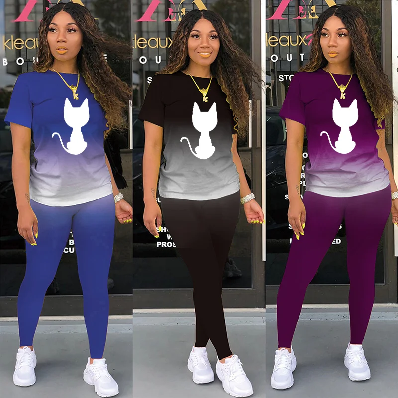 Summer Two Piece Set Women Tracksuits Sets Cats Printed T Shirt And Pants Comfortable HomeWear For Women Clothing