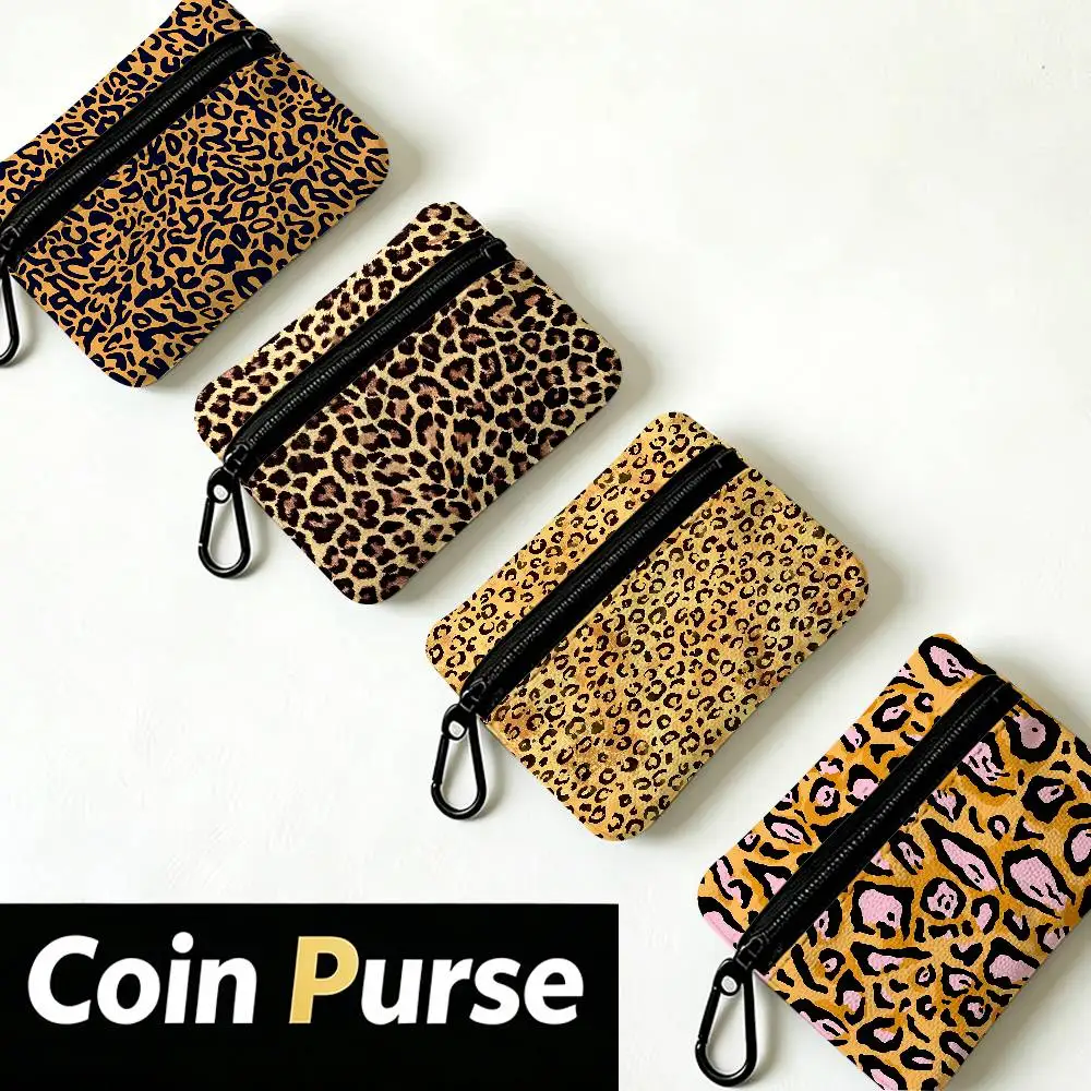 Leopard Pattern Portable Mini Oxford Cloth Coin Purse With Carabiner Hook Zipper Key Card Earphone Storage Wallet