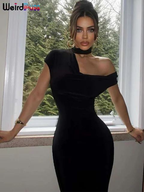 Dziwne koty nachylona sukienka na ramię kobieta lato seksowny jednolity, nieregularny kołnierzyk elegancka bez rękawów szykowna impreza obcisła wieczorowa Vestidos