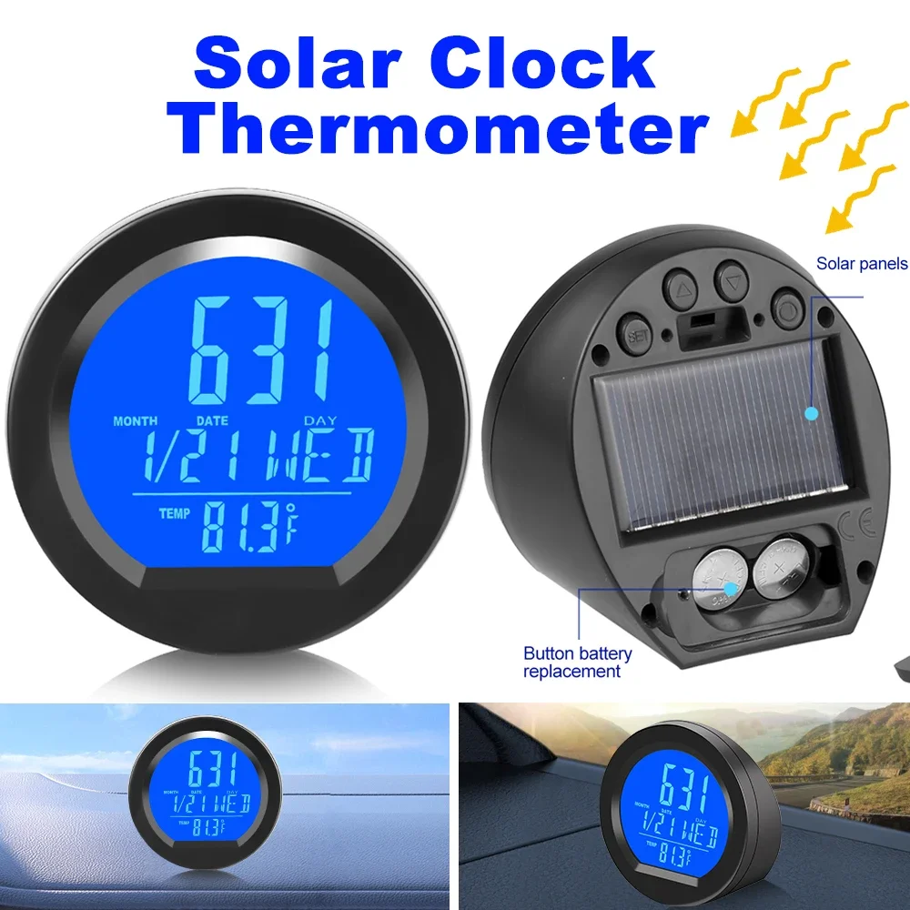 Solar Car Dashboard Clocks & Thermometer LCD Backlight Screen Time Temperature Digital Display Mini Electronic Watch Auto Decor