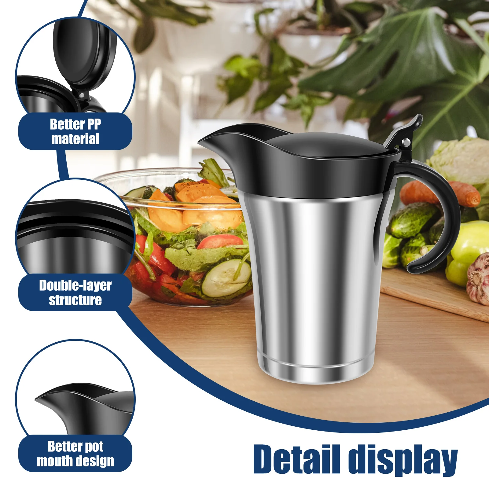 إبريق مرق معزول مزدوج مع غطاء مفصلي إبريق صلصة مرق من الفولاذ المقاوم للصدأ بسعة 750 مل إبريق تدفئة مرق إبريق متعدد الاستخدامات #3