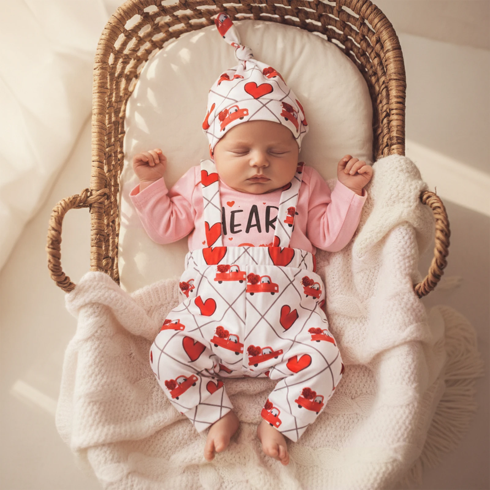 

Одежда для малышей, комплекты брюк на День святого Валентина для девочек, комбинезон с длинными рукавами и круглым вырезом с буквенным принтом, штаны с принтом сердца и автомобиля, повязка на голову