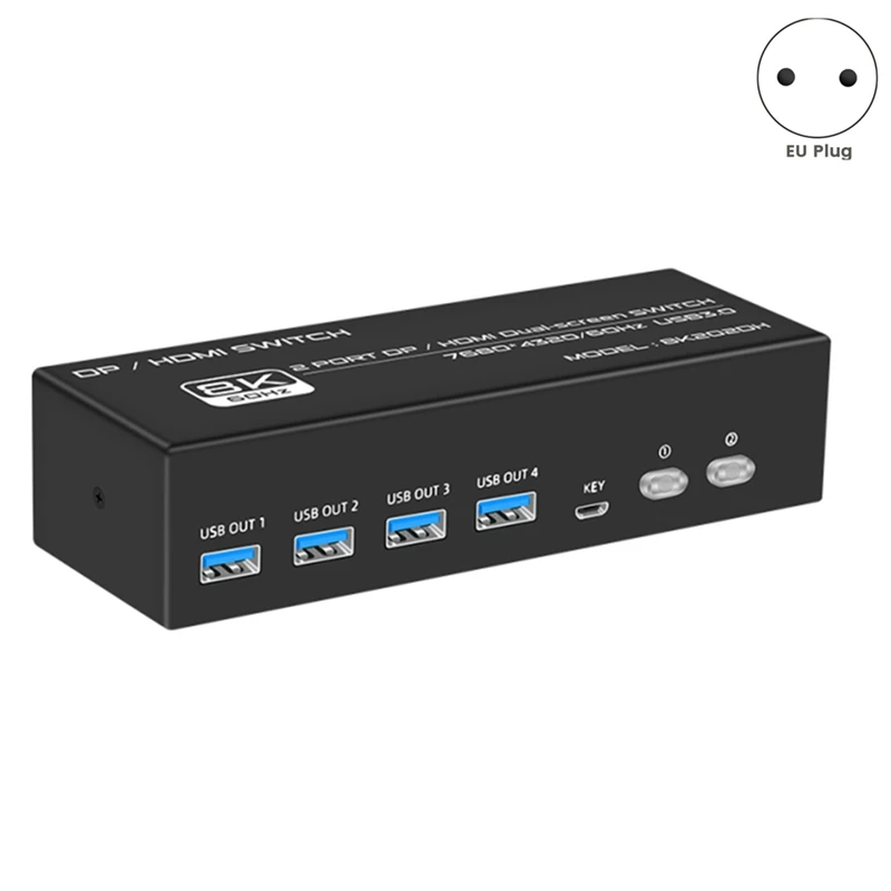 8K 60Hz DP/-Compatible KVM Switch USB 3.0 2 Monitors 2 Computers KVM Switch For Mouse Keyboad Monitor Durable EU Plug