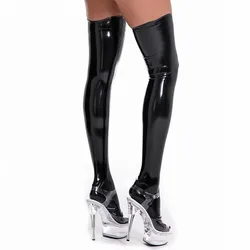 Calcetines hasta la rodilla de cuero de PVC para mujer, medias sexys con apariencia húmeda, brillantes al óleo, lencería Sexy de talla grande, medias de látex