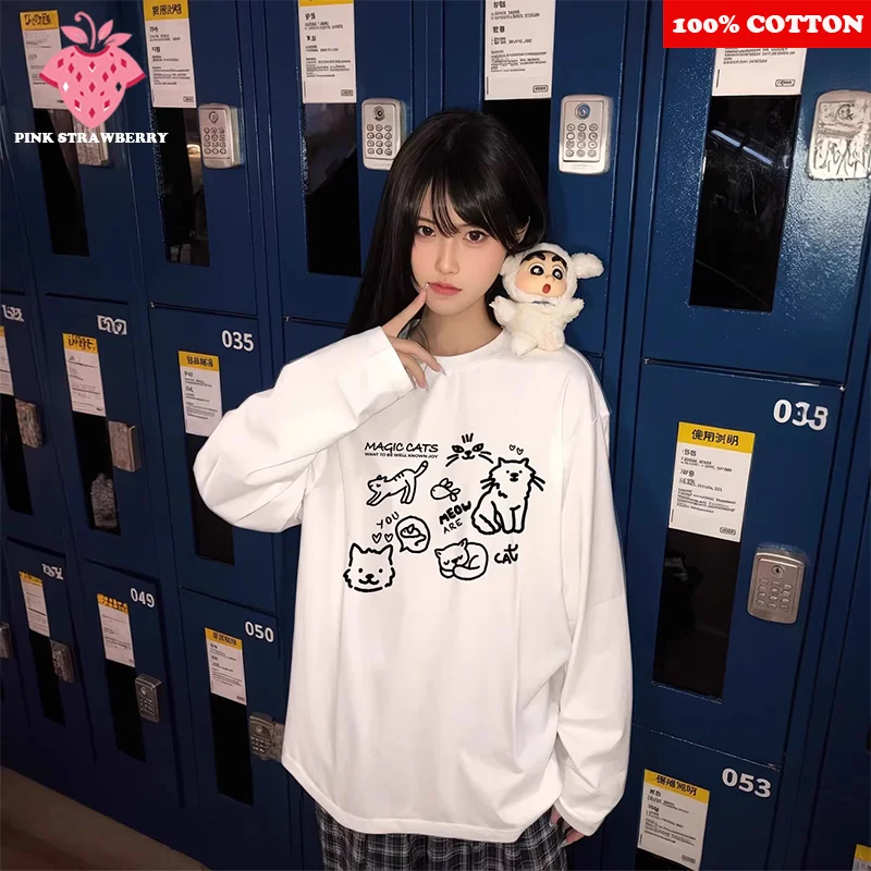 

Женская футболка с милым мультяшным принтом кота, осень 2024, новинка, 100% хлопок, популярная в Корейском стиле, повседневные топы с длинными рукавами Y2k, женская одежда