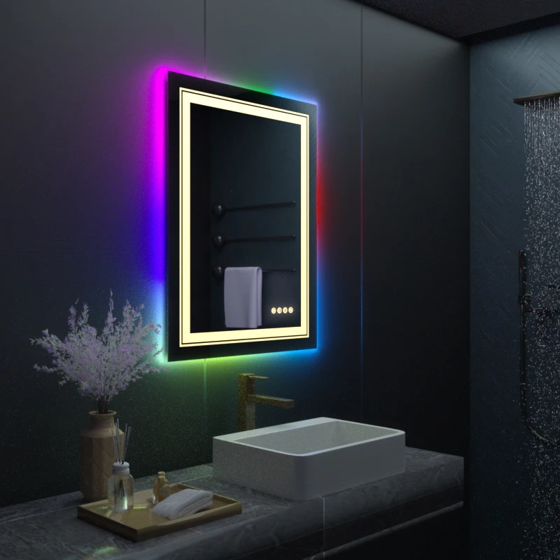 Imagem -04 - Luvodi Retângulo Rgb Led Banho Espelho Wall Mounted Impermeável Demist Vanity Maquiagem Espelho com Multicolor Luzes