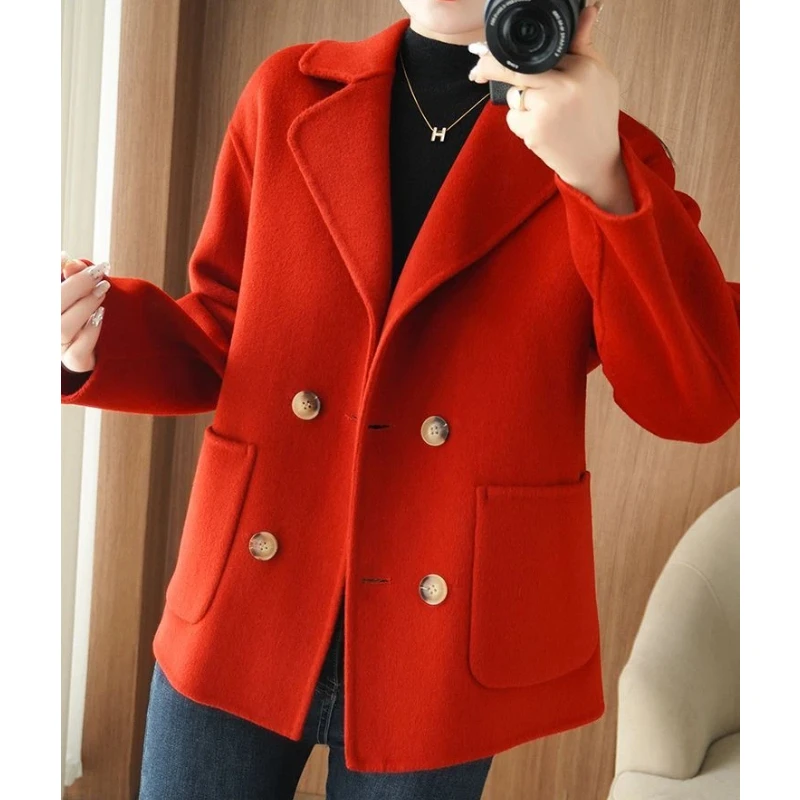 Women Korean Short Double Faced Wool Coat Loose Notched Lapel Double Breasted Elegant Woolen Outerwear