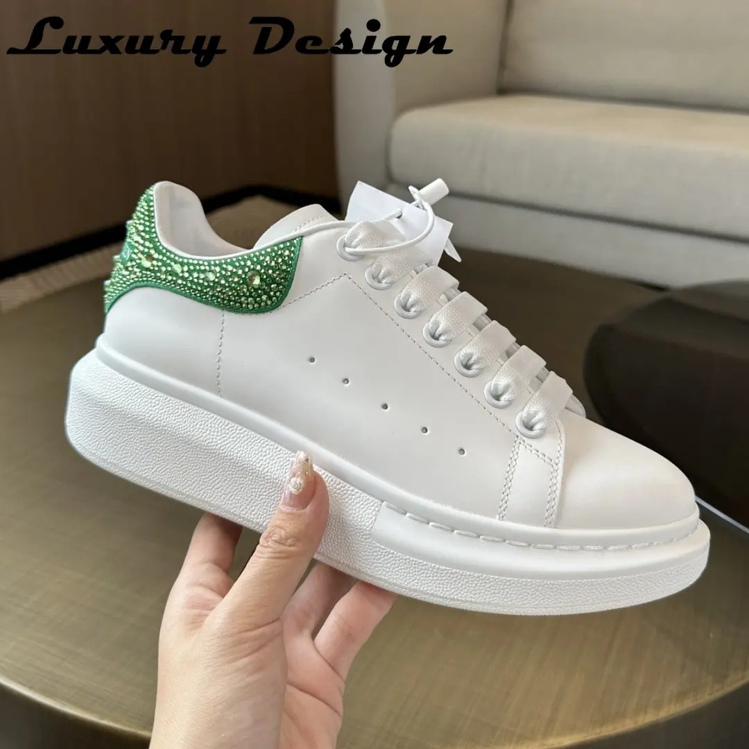 Luxury Rhinestone Sneakers Women Thick Sole Leisure Shoe Unisex Brand Trainer Man Mixed Colors Crystal Genuine Leather Designer