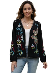 KHALEE YOSE Floral Embroidery Retro Jacket Black Autumn Srping Women Chic Boho Casual Long Sleeve Jackets Coats Streetwear New