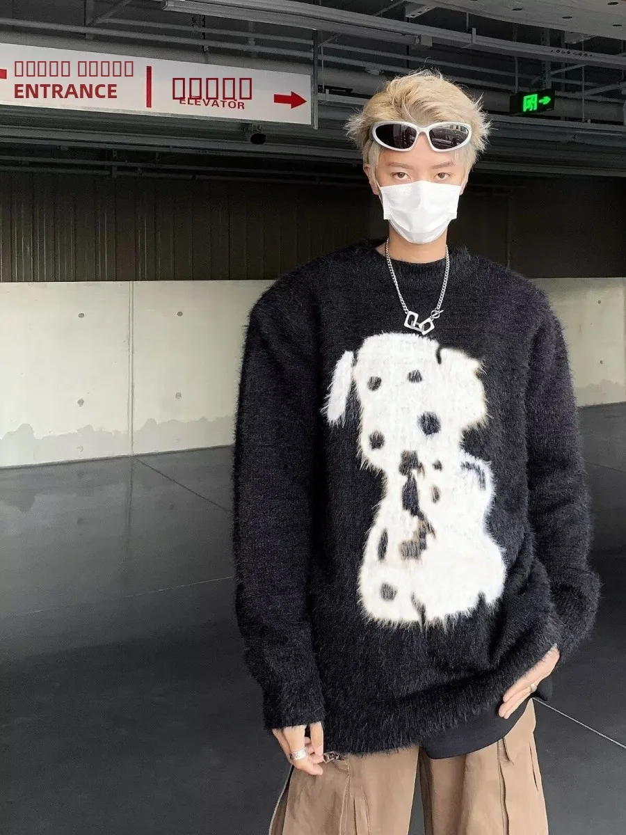 

Soft Cozy Winter Knitted Sweater Bla Spot Mink Hair for Men And Women Lazy Sle Long Sve round Ne Pullover American C...