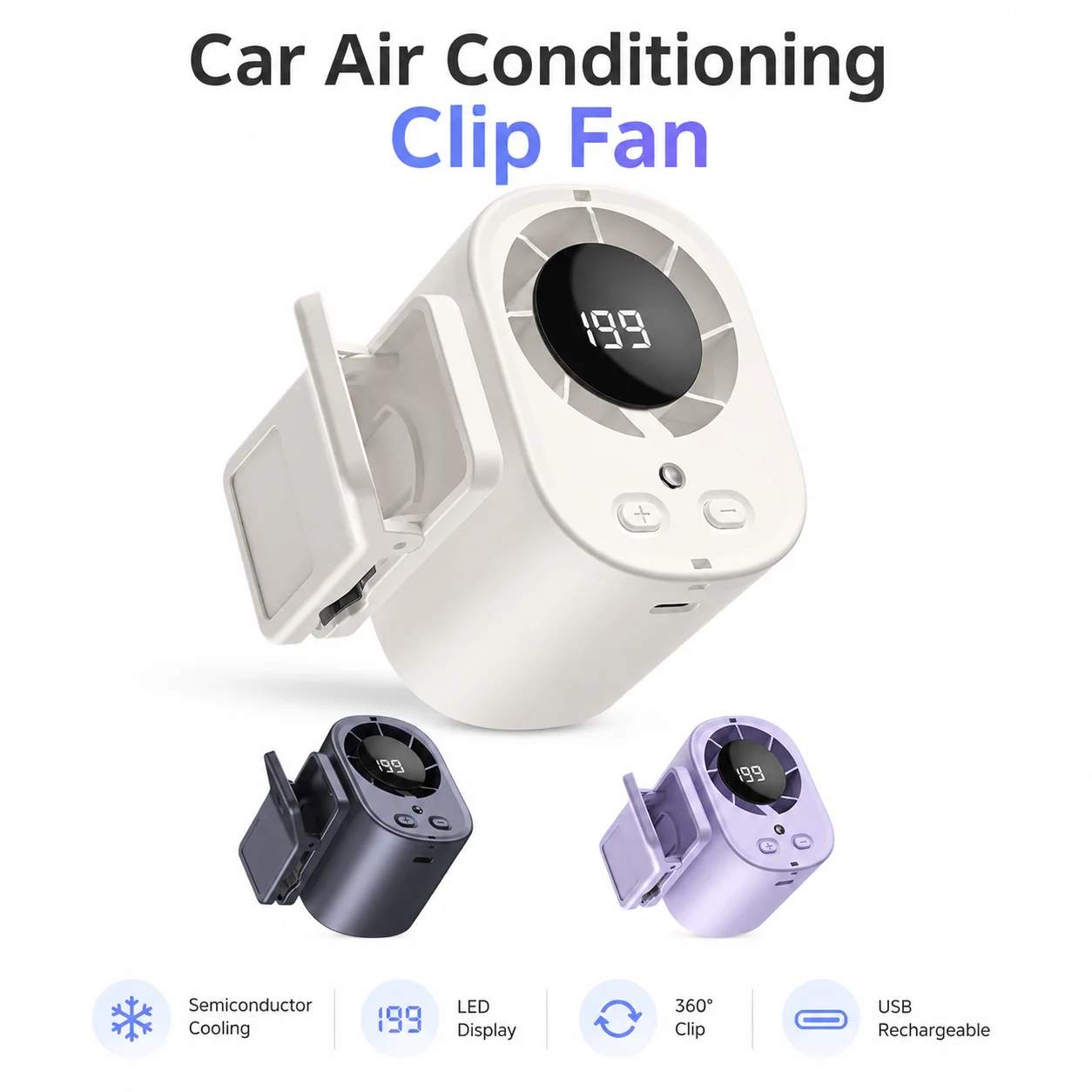 Car Air Conditioning Fan Clip Portable USB Rechargeable Cooling Fan with LED Display 360 Rotation Large Battery