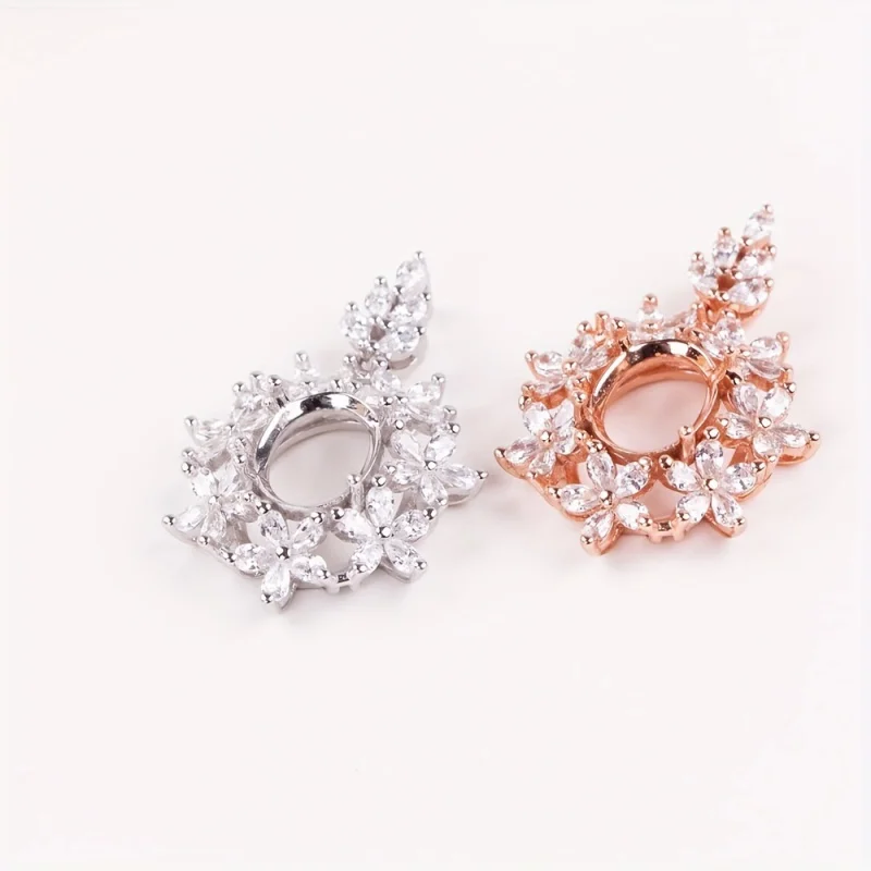 7x9mm oval prong pendant settings, flower s925 sterling silver rose golden charm with rhinestone for DIY crafting jewelry