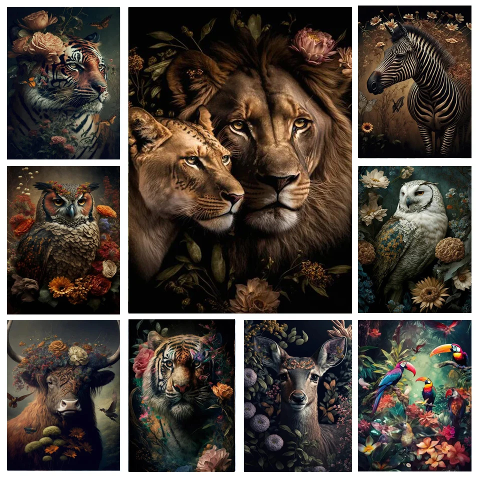5D Diamond Painting Tropical Plant Flower Animals Mosaic Lion Leopard Tiger Owl Bird DIY Full Drill Cross Stitch Embroidery V610