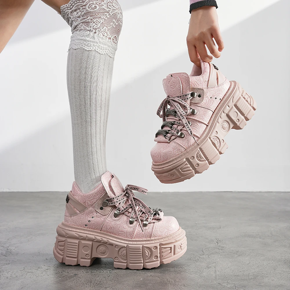 2026 New Punk Style Women Ankle Boots, Rock Round Toe Lace Up Platform Short Boots, Retro Chunky Heel Shoes with Metal Decor - view 2
