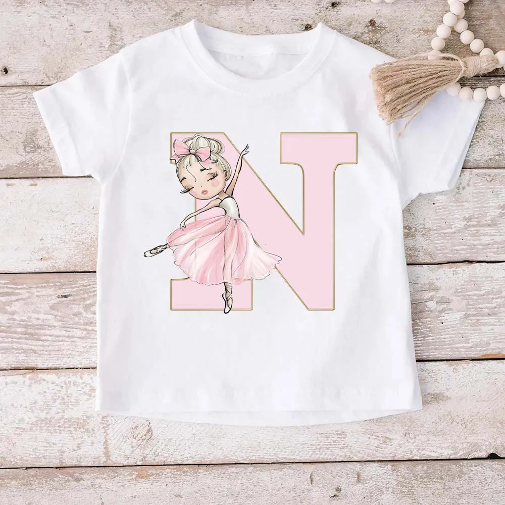 Custom Name Letter Combination Children Clothes Cartoon Ballerina Girls Font A B C D E F G Short Sleeve Printed Kids Tshirt