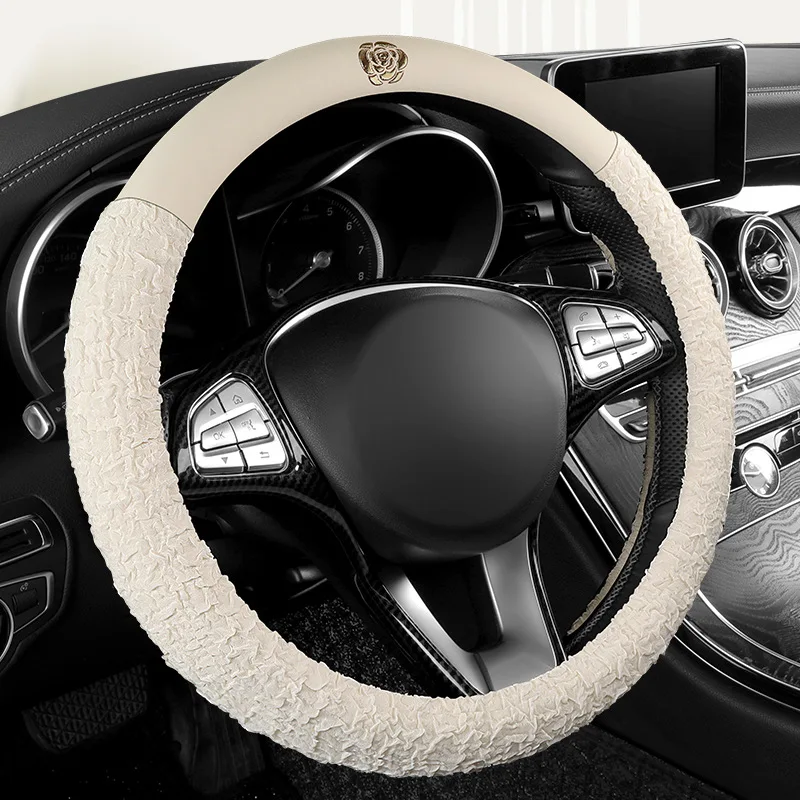 Car Steering Wheel Cover Camellia Lace Goddess Style Universal Breathable Non-slip Sweat-absorbent Handle Cover for All Seasons