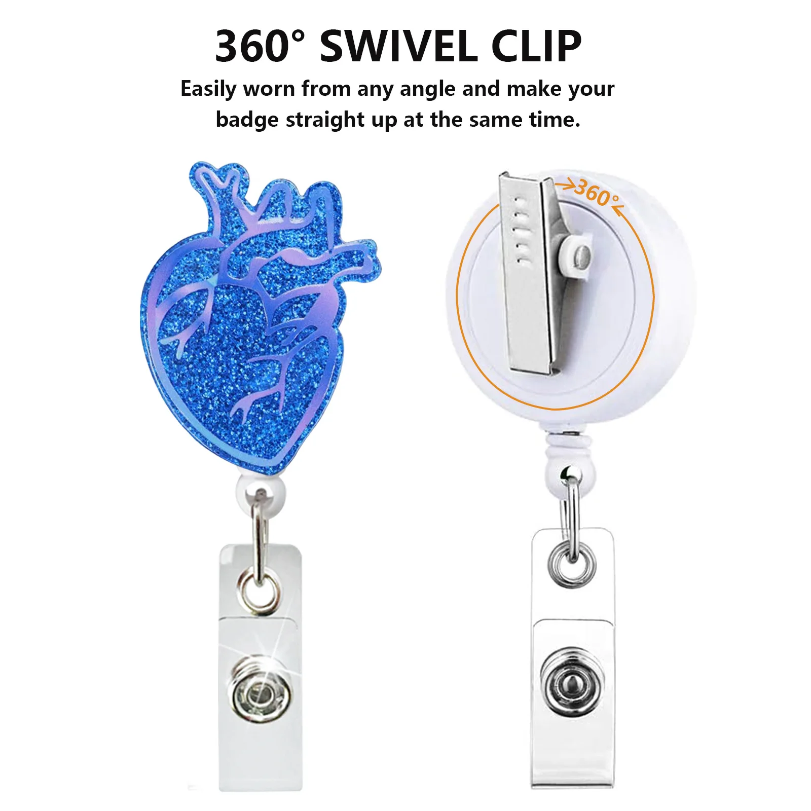 Creative Heart Shape Badge Holder Glitter Teacher Doctor Nurse ID Clip Rotating Telescopic Student Name Card Badge Reel Clip