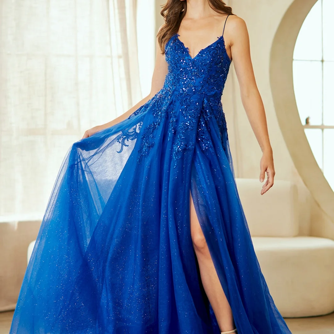 Amanda Aangepaste Pailletten Zijsplit Spaghetti Band Prom Dress Backless vestidos de noche Vloerlengte A-lijn Formele Avond