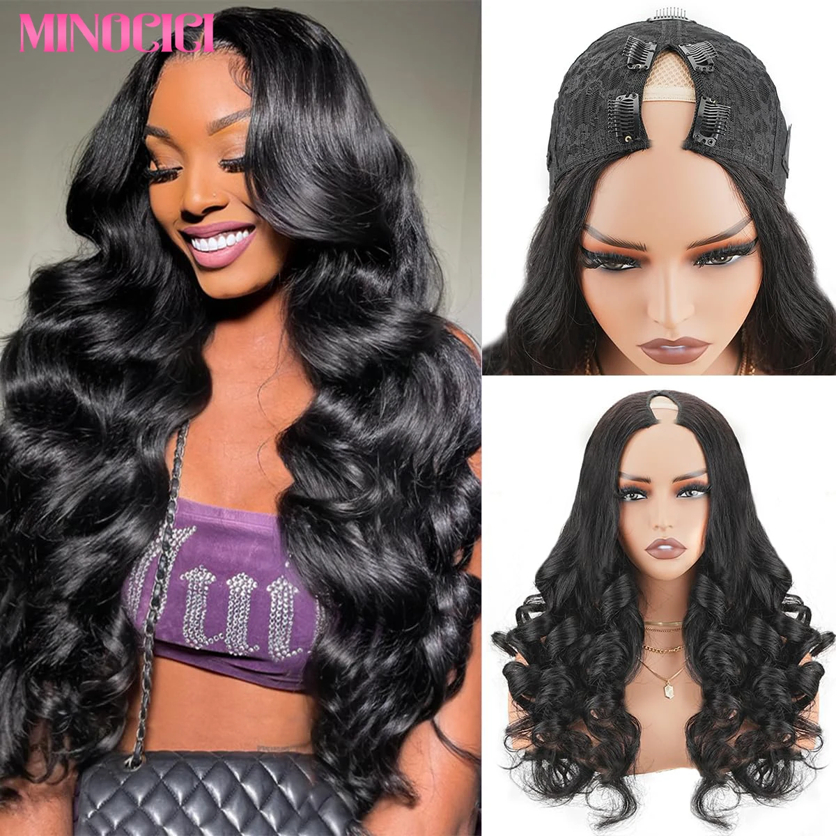 

Парик с V-образной частью человеческих волос 30 дюймов, без остатков, обновление U-образных париков, бесклеевой парик из объемных волн, натуральный цвет для чернокожих женщин