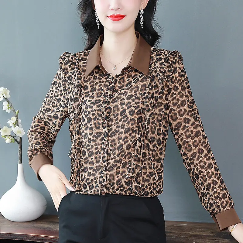 الأزهار الشيفون بلوزة المرأة ربيع الخريف أنيقة طويلة الأكمام كشكش الأعلى XQ240 #4