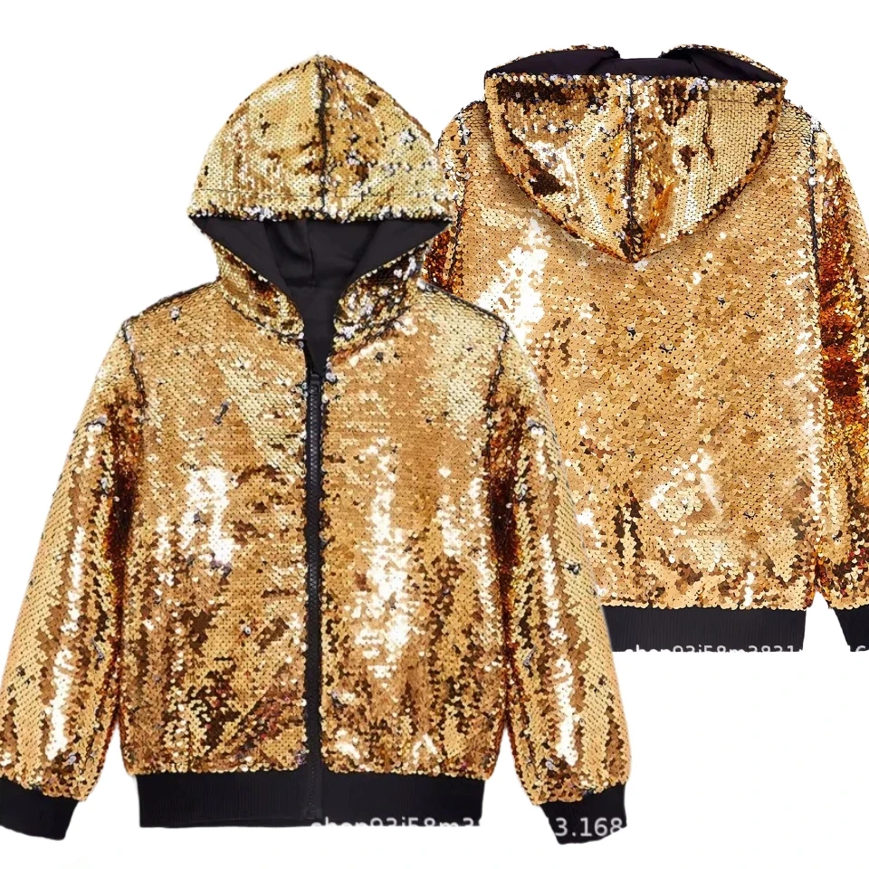 Reversible Flip Sequin Jacket Men Women Zip Up Glitter Gold Sequins Hoodie Coat Nightclub Dance Stage Performance Disco Costume