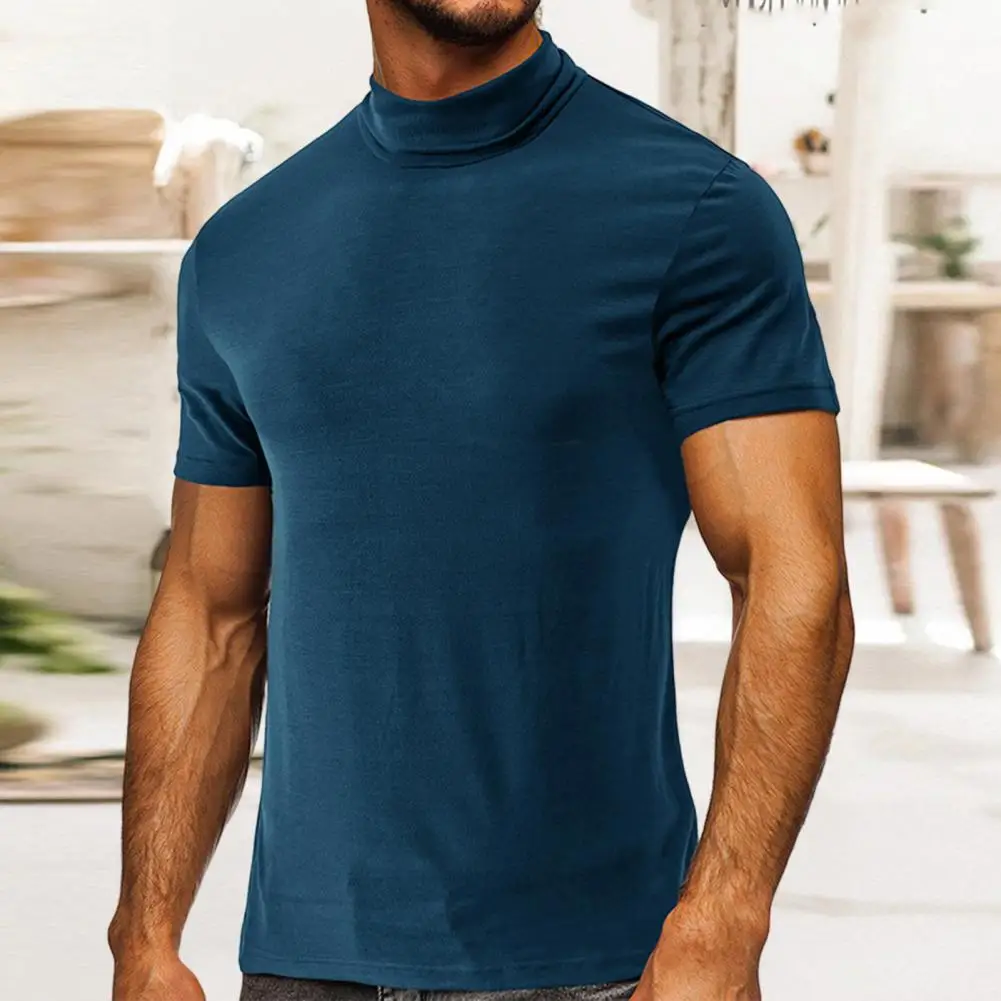 Men T-shirt Mock Neck Short Sleeve Men Top Solid Color Breathable Elastic Fitness T-shirt Summer Running Compression T-shirt