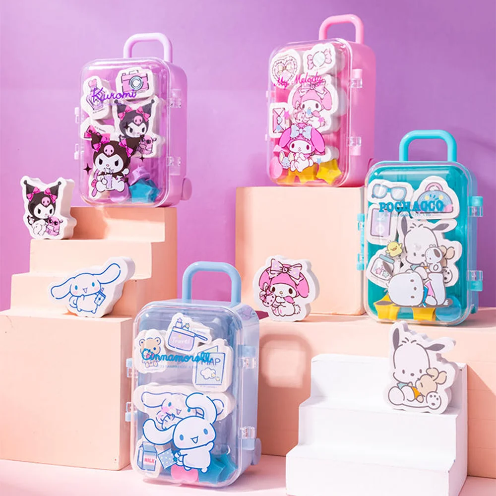 Sanrio Luggage Case Eraser Set Cartoon Kawaii Kuromi Melody Cinnamoroll Pochacco Erasers Christmas Birthday Gifts Girls Toys