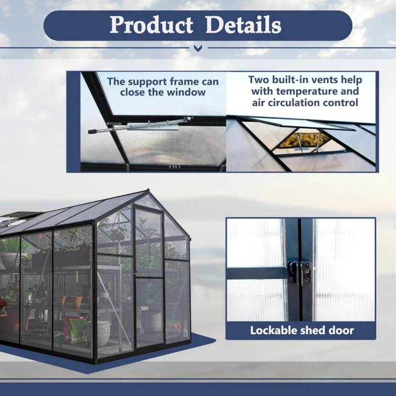 Polycarbonate Greenhouse 6x10 ft Upgraded Heavy Duty Aluminum Walk-in Green House for Outdoor Garden with Base,Adjustment Roof