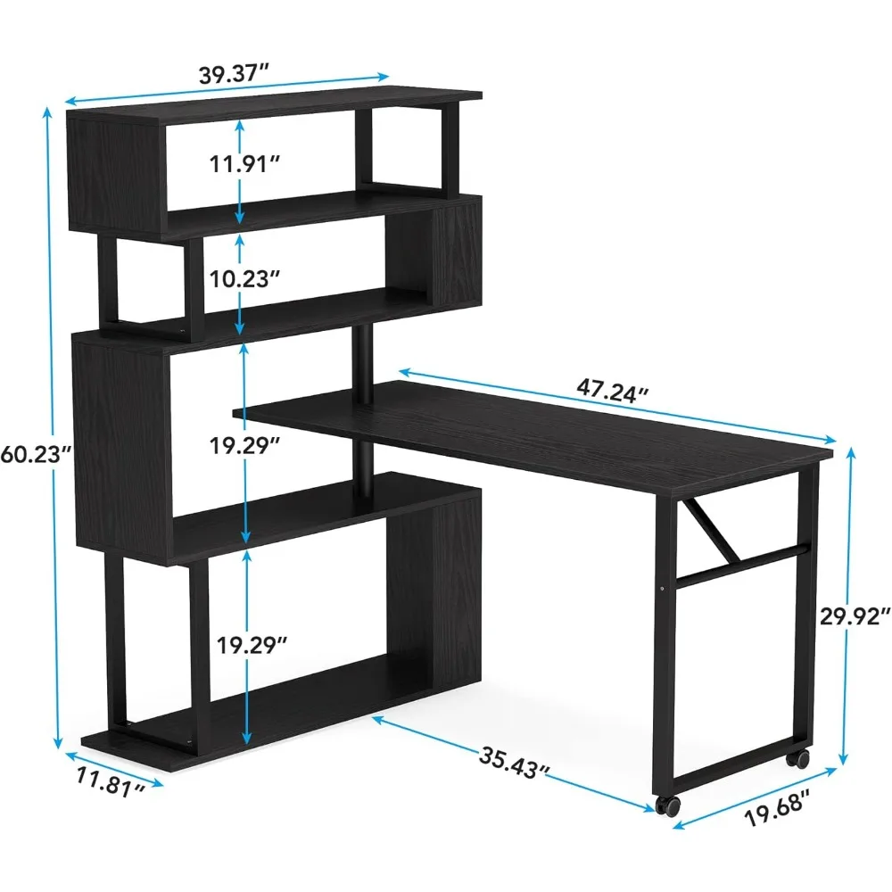 Swivel computer desk with 5 shelves, modern L-shaped corner table with storage, reversible desk with wheels