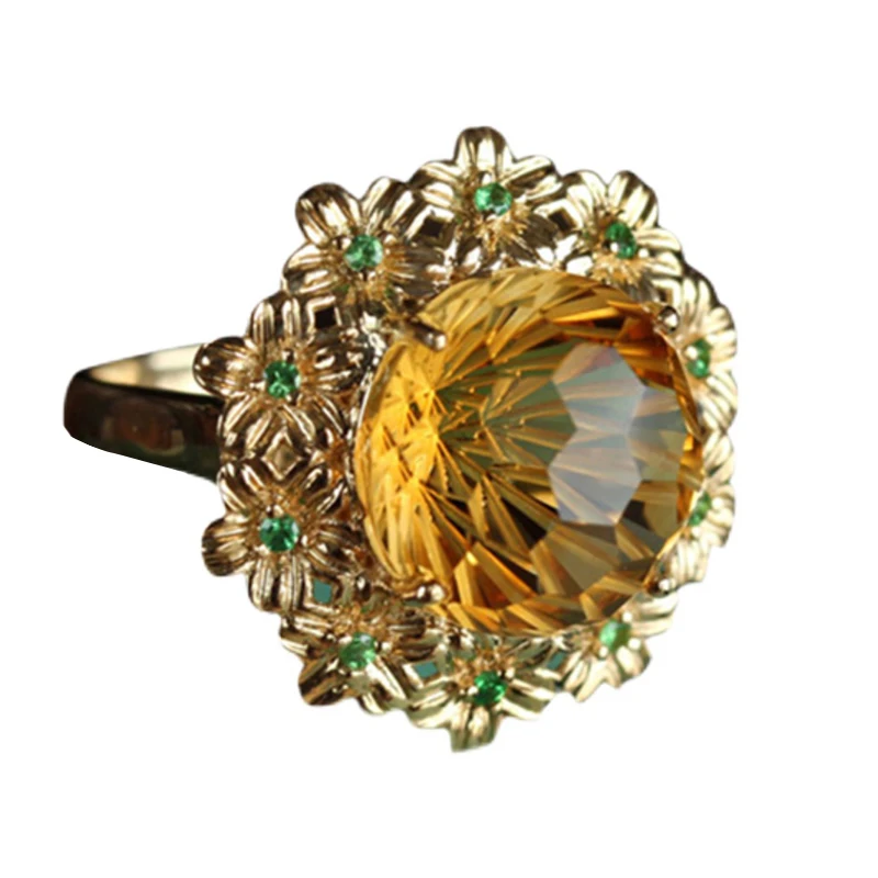 Sterling Silver S925 Champagne Crystal Inlaid Broken Green Gold-plated Light Luxury Palace Style Flower Ladies Ring