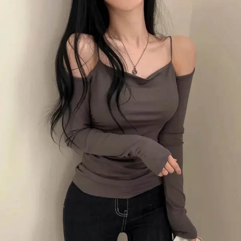 Dongdaemun Korea New Style Pure Desire Sexy Off-The-Shoulder Zweiteiler Illusionslims Damen Langarm-T-Shirt Vielseitig Smoot