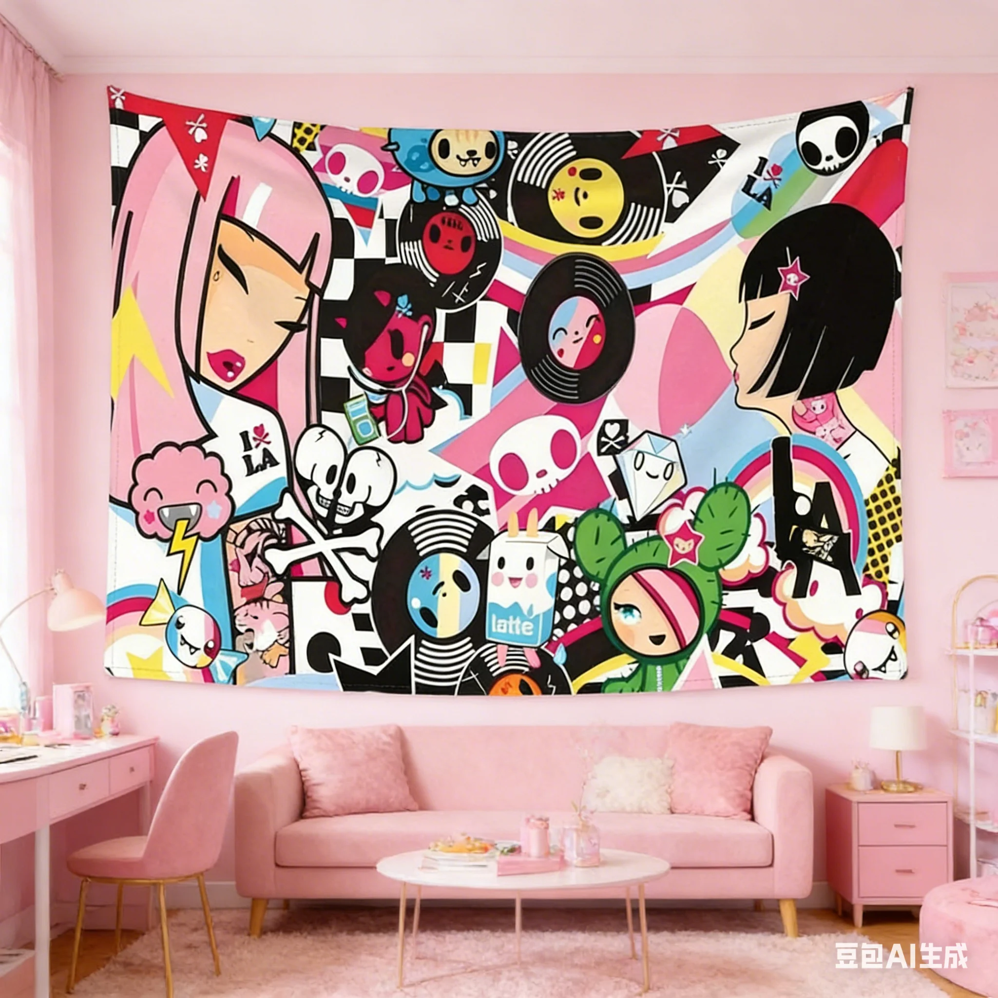 1pc Kawaii Pop Wall Tapestry,Polyester 2D Flat Print, Versatile Decor for Dorm, Bedroom & Living Room, Ideal for Streetwear Fans