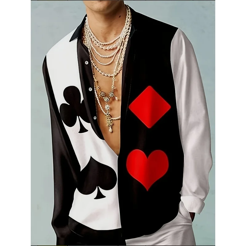 Poker Blocks Pattern Hawaiian Shirts For Men Red Peaches 3D Print Blouse Casual Loose Aloha Shirts Long Sleeve Lapel Button Tops