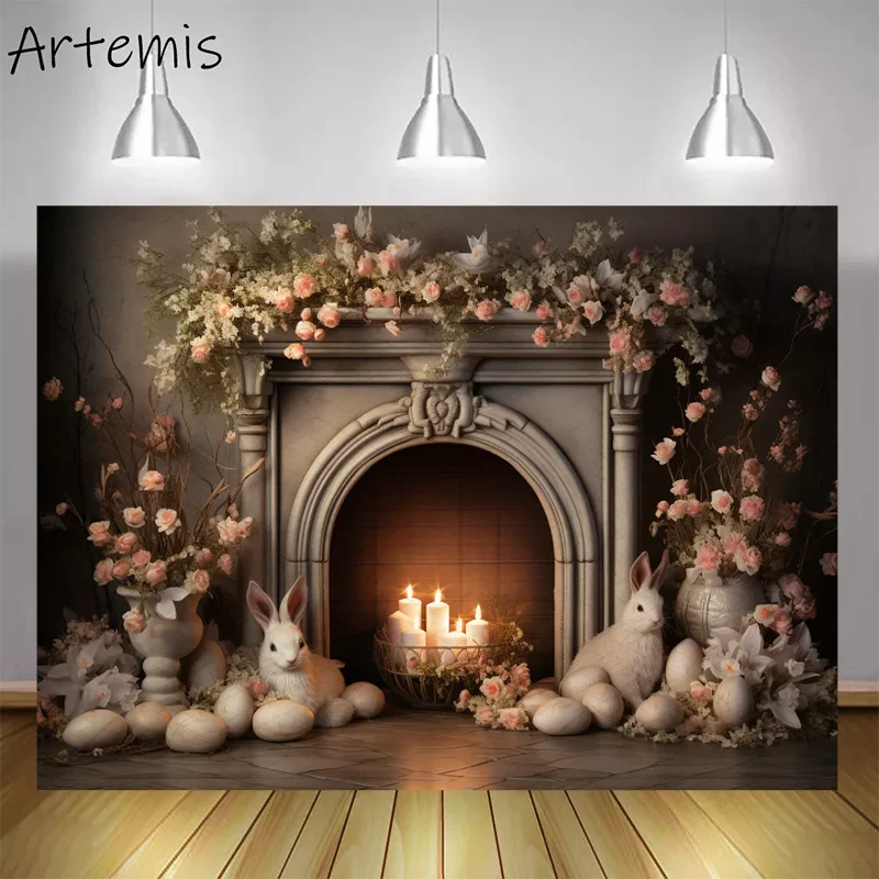 

Easter Photography Backdrop Decorative Fireplace Silver Beige Flora Cottagepunk Kid Birthday Portrait Background Photo Studio