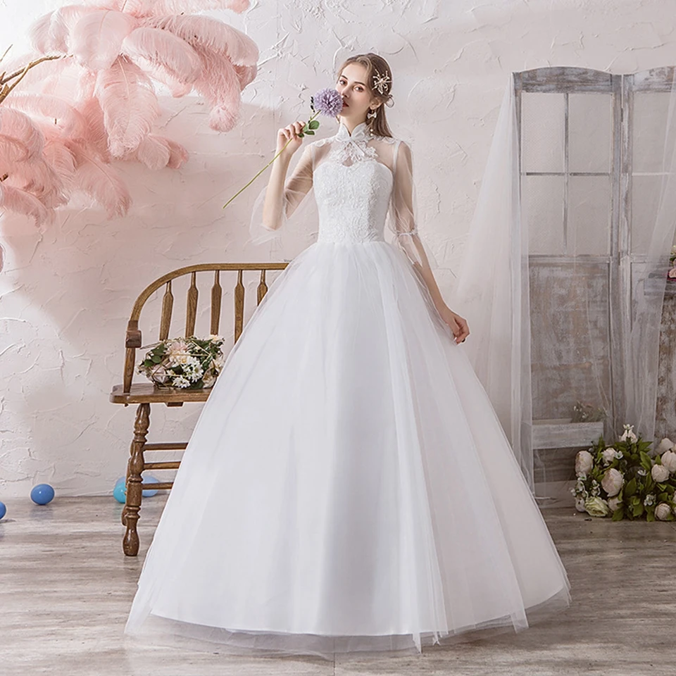 Personalizado novo estilo chinês apliques uma linha vestidos de casamento rendas até trem varredura ilusão tule plus size vestidos de noiva para mulher