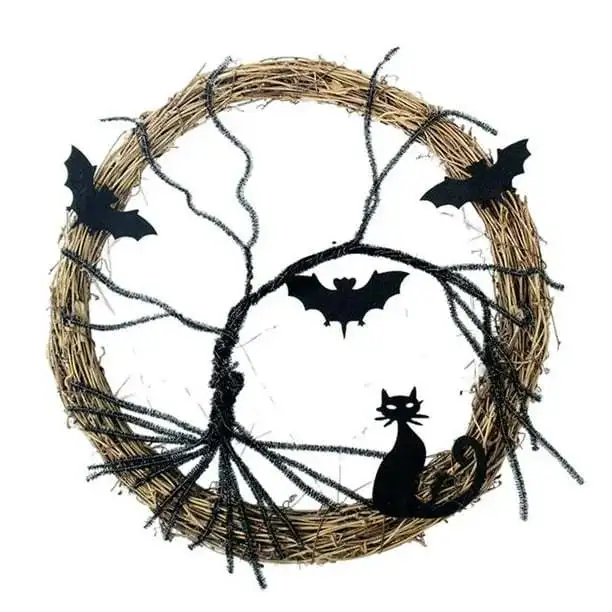 

35cm Black Branch Red LED Light Halloween Bat Wreath 35*35cm 170g Door Window Hanging Vine Corridor Luminous Decoration 1 Wreath