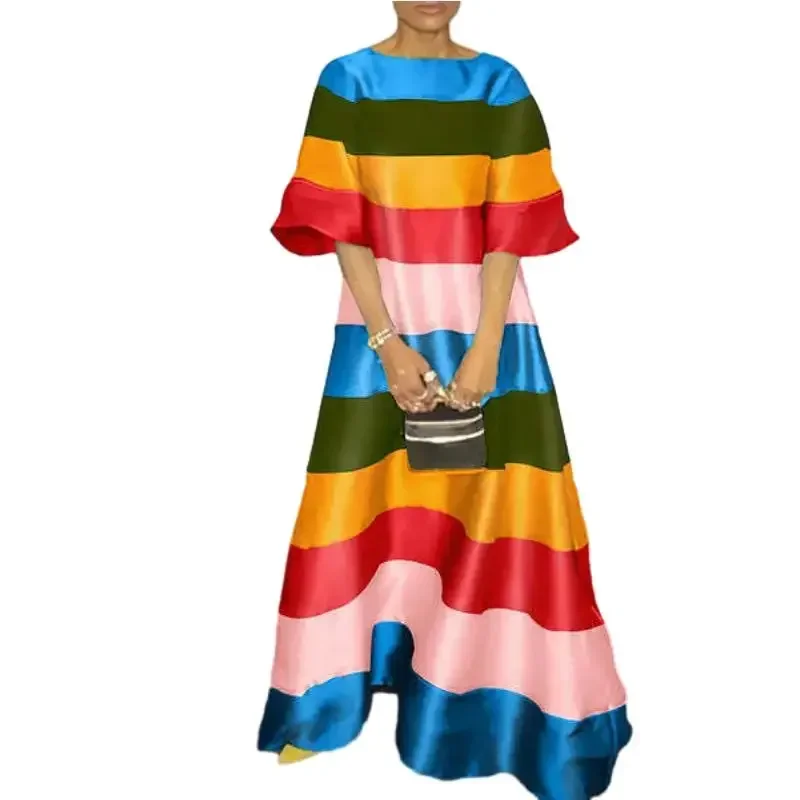 African Clothing African Party Evening Dresses for Women Summer Elegant African Short Sleeve O-neck Polyester Long Maxi Dress