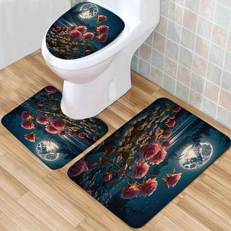 

1 шт., нескользящий коврик в виде розы под лунным светом, чехол для унитаза, коврик для унитаза, напольный коврик, набор впитывающих дверных ковриков для унитаза