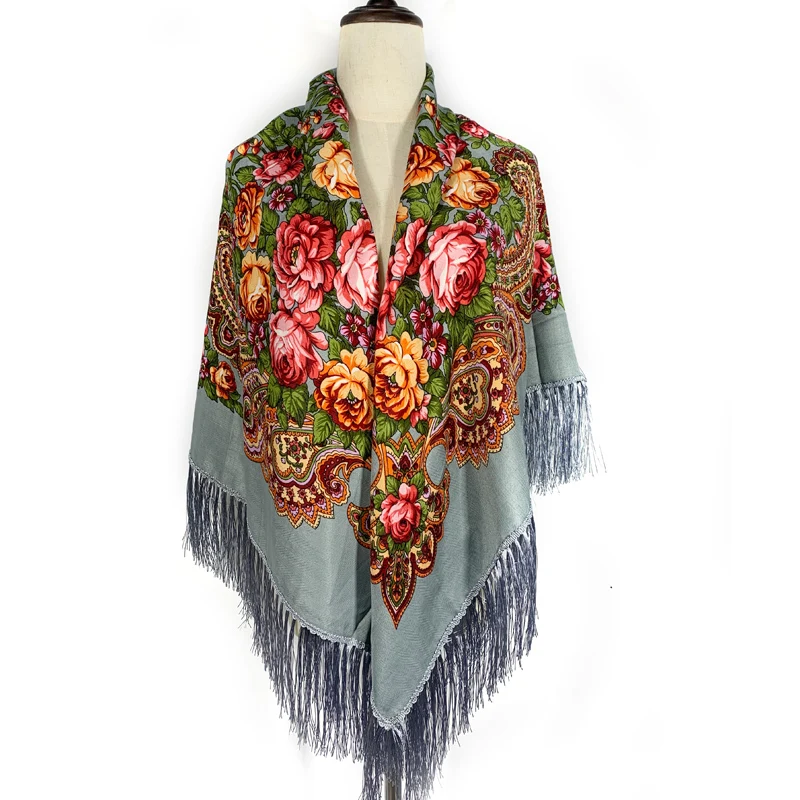 135*135cm Women Russian Square Scarf Luxury Floral Print Bandana Scarves Babushka Handkerchief Fringed Blanket Shawl Head Wraps