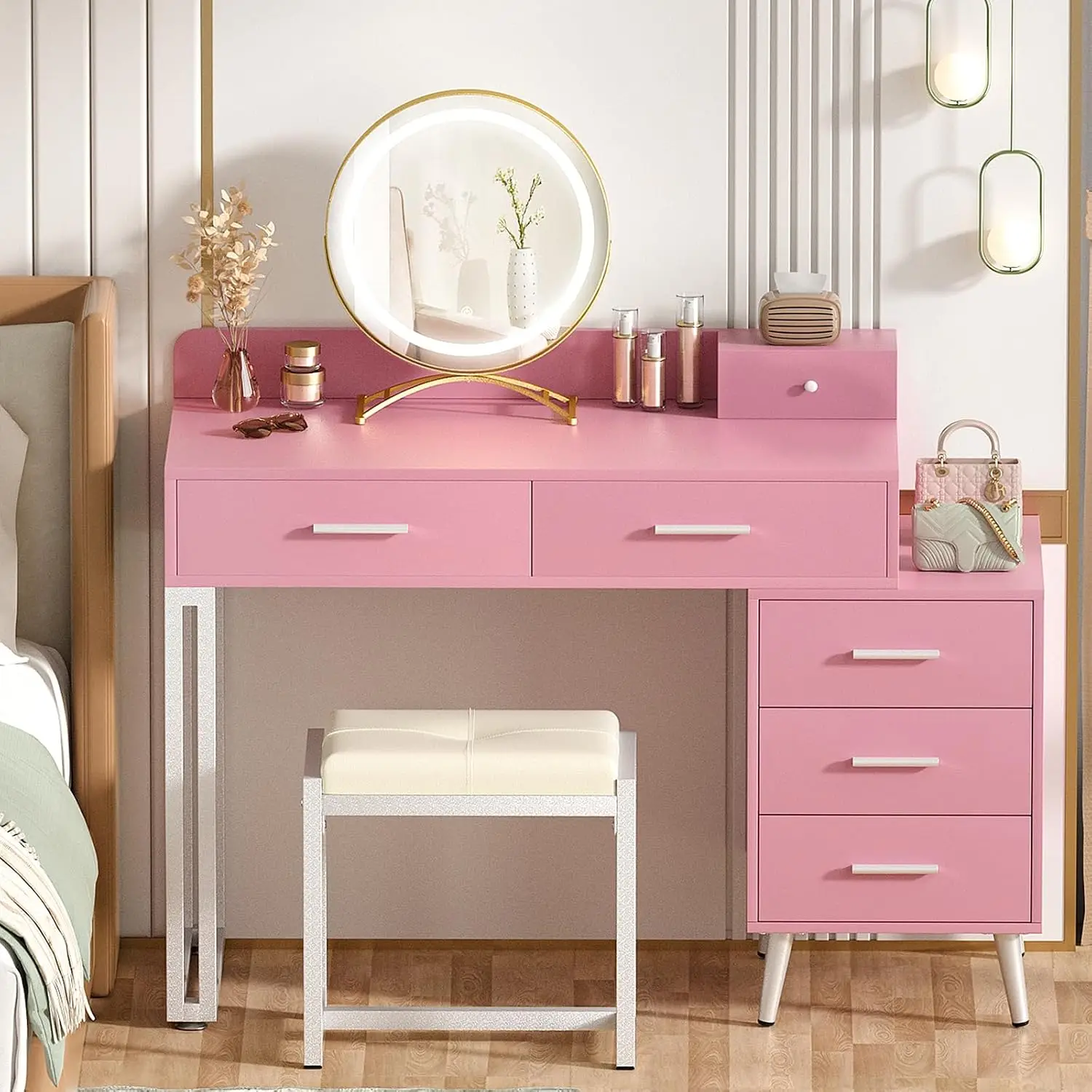 Pink Vanity Desk with Mirror and Lights, Modern Makeup Vanity Table Set with 6 Storage Drawers and Cushioned Stool for Bedroom,