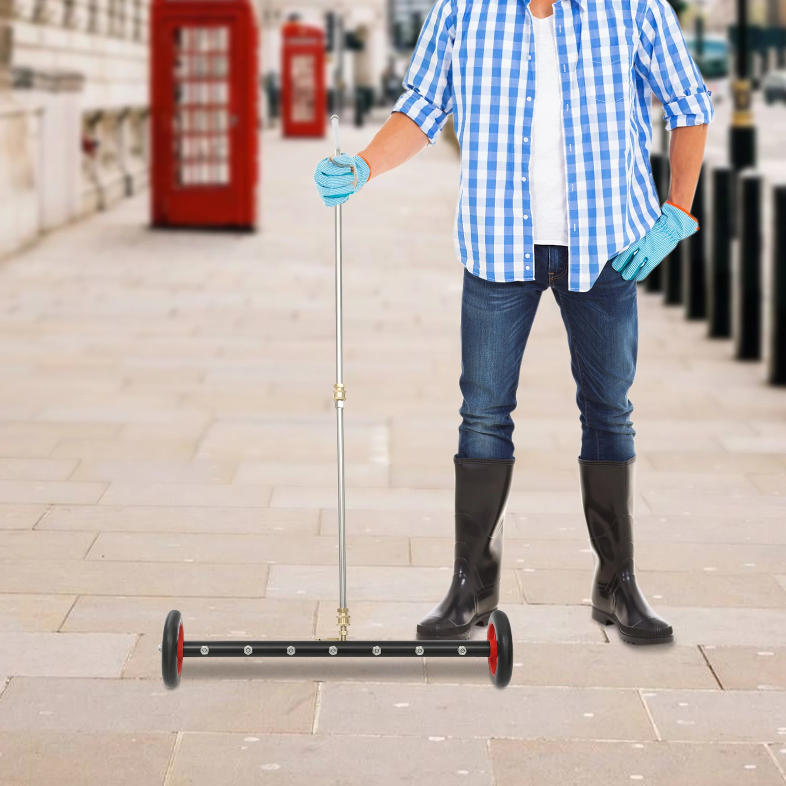 2‑In‑1 Pressure Washer Undercarriage Cleaner Water Broom Attachment, 7‑Nozzle Spray Head 1500‑4000 PSI With 3‑Section Extension Rod & 5‑Inch Wheels, 1/4'' Quick Connect For Car Chassis, Driveway, Patio Surface Cleaning