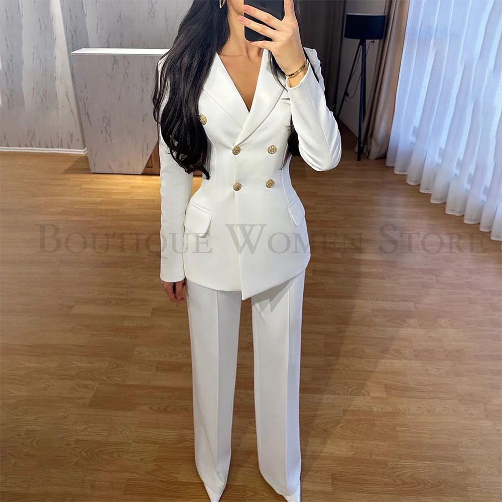 Tailor-Made White Women's Suits High Qulity Topcoat With Jacket Pants Elegant Double Breasted 3 Piece OverCoat For Elegant Women