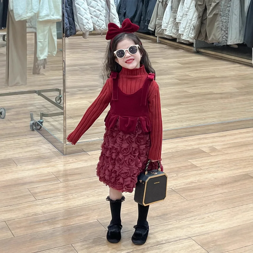 New Year's Dress Girls Autumn and Winter Fungus Edge Wool Bottom Heavy Industry Petal Mesh Cake Vest Dress Skirt