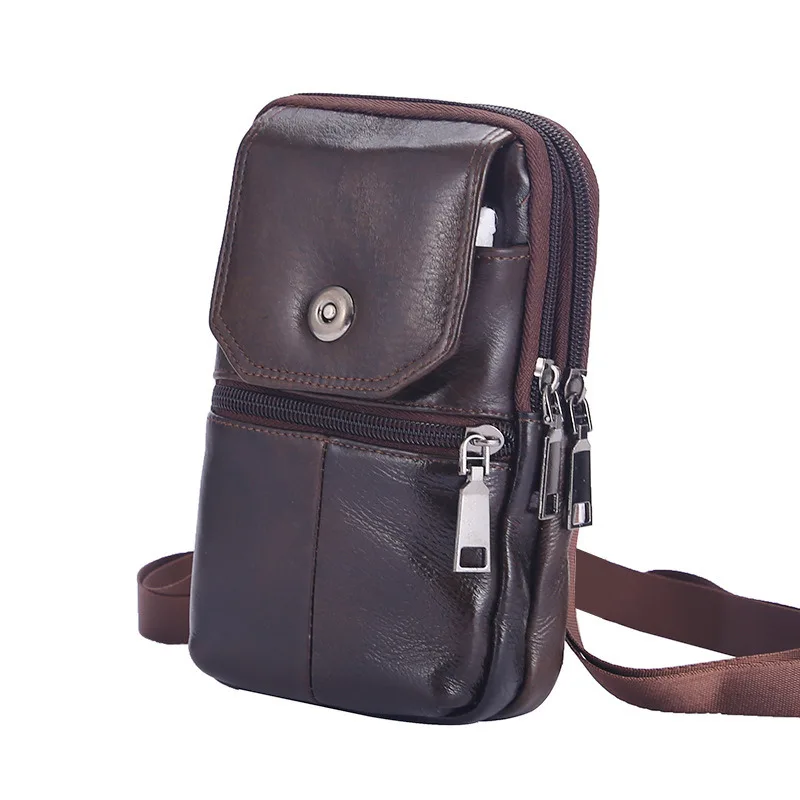 Bolso de mensajero de cuero de vaca para hombre, Cartera de bolsillo para teléfono móvil, bolso de cintura de viaje pequeño para hombre, bolso de pecho con múltiples bolsillos