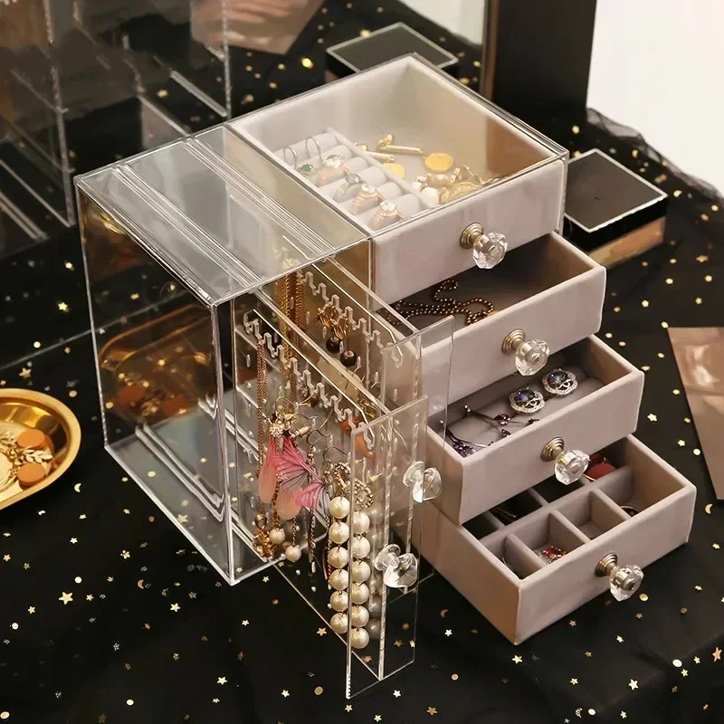 Household Plastic Drawer Type Jewelry Storage Box Transparent Finishing Makeup Organizer Earrings Display Stand Rack Accessories