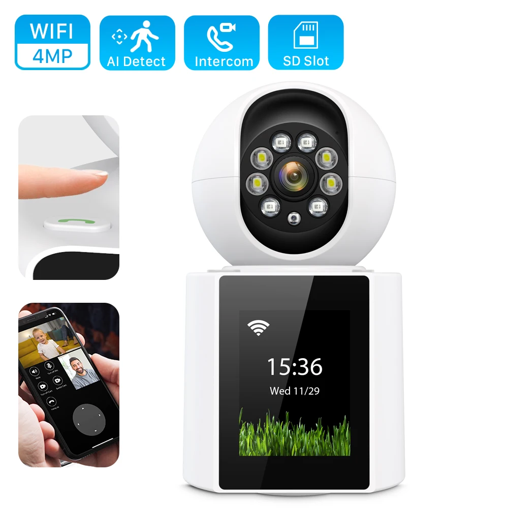 4MP Wifi IP Camera with 2.4 Inch IPS Screen Video Call Audio PTZ IP Camera 1080P Home Security CCTV Camera Indoor Baby Monitor