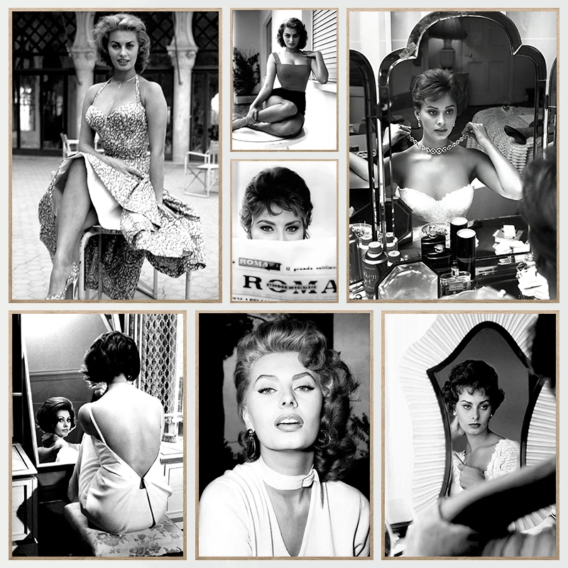 الممثلة الحديثة ضرب صوفيا لورين أبيض وأسود خمر التصوير المشارك قماش لوحات صور فنية للجدران ديكور المنزل #1